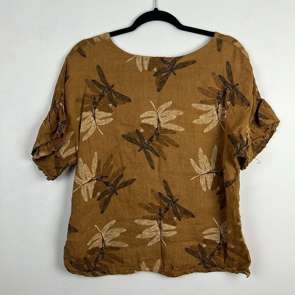 Elena Baldi DragonFly 100% Linen Mustard Yellow Ruffle Sleeve Blouse Small - Picture 7 of 14